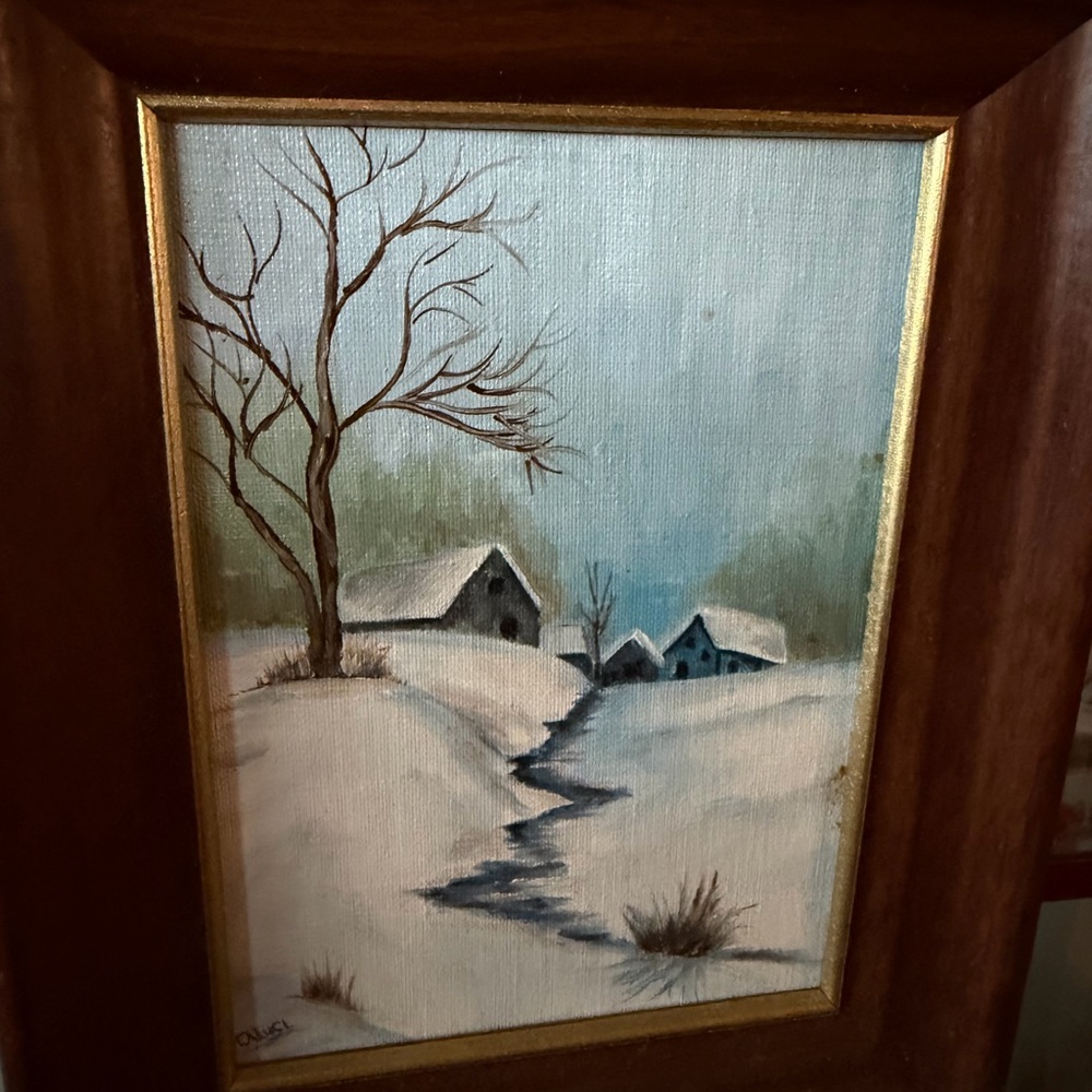 Winter Landscape Oil Painting - Snowy Cottage Scene in Blue and White